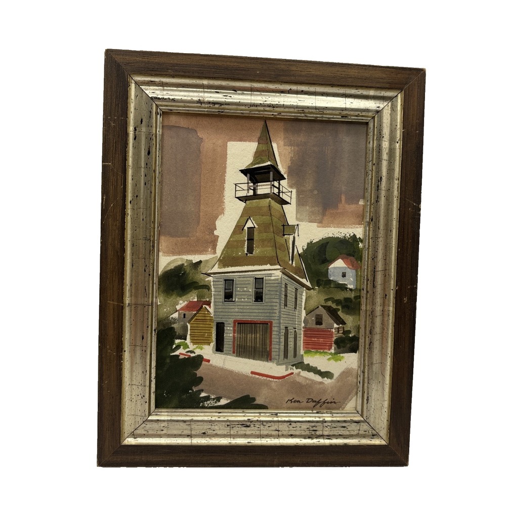 Ken Duffin Watercolor Art Print Auburn Firehouse Landscape Framed 9.5x11.5